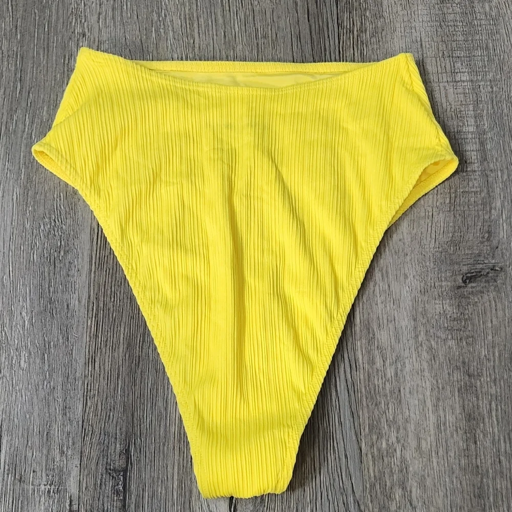 New!Frankie's Bikinis Yellow Anne Plisse  Ribbed High-Waisted Bikini‎ Bottom
